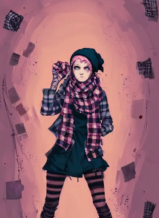 Image similar to highly detailed portrait of a sewer ( ( emo punk ) ) lady student, beanie, blue eyes, tartan scarf, curly hair by atey ghailan, by greg rutkowski, by greg tocchini, by james gilleard, by joe fenton, by kaethe butcher, gradient pink, black, brown and cream color scheme, grunge aesthetic!!! graffiti tag wall background