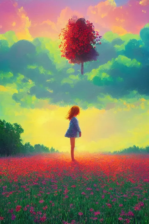 Prompt: girl made out of huge flowers, standing in a flower field, big trees, sunrise dramatic light, impressionist painting, colorful clouds, digital painting, pointillism, artstation, simon stalenhag