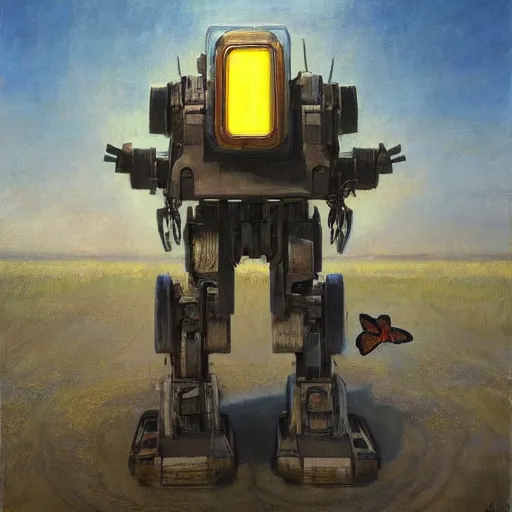 Prompt: a painting of a mecha robot looking at glowing butterfly on a flower, a hyperrealistic painting, a character portrait by brad kunkle, by by odd nerdrum, featured on cg society, pre - raphaelitism, figurative art, pre - raphaelite, apocalypse art, dystopian art, digital painting