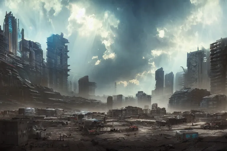 Prompt: a matte painting of cyberpunk slum in the desert, windy, clouds, ray of sunlight, beeple, ultra wide angle, light effect