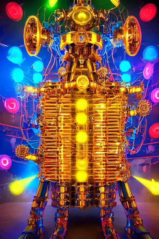 Image similar to portrait photo of a giant huge golden and blue metal futuristic steampunk robot covered with multicolored big gears and tubes, a red electric guitar, eyes are glowing red lightbulbs, shiny crisp finish, 3 d render, 8 k, insaneley detailed, fluorescent colors, background is multicolored lasershow