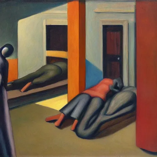 Prompt: people sleeping on slabs, dystopian, pj crook, edward hopper, oil on canvas