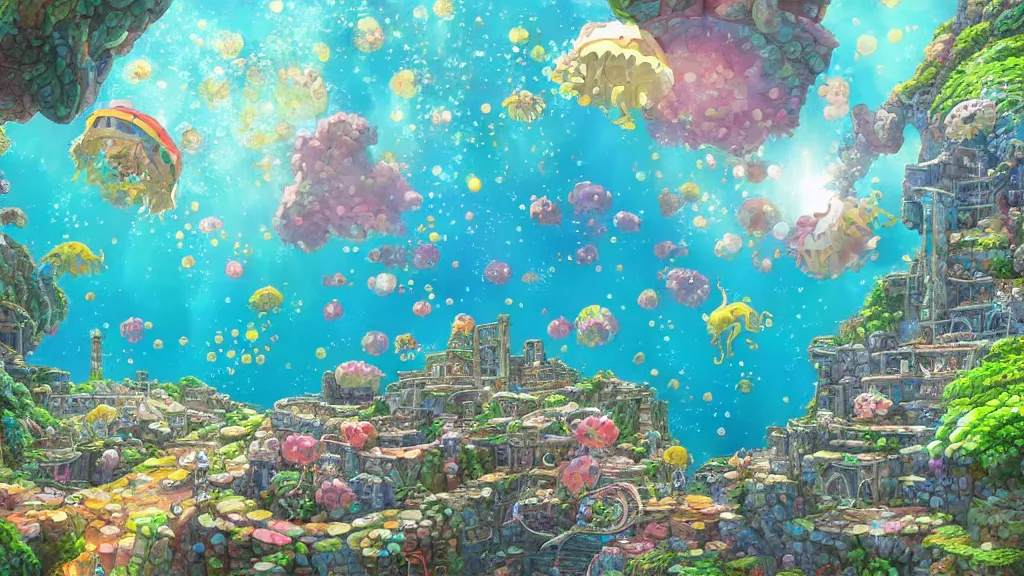 Image similar to Vivid ultra realist and ultra intricate detailed 3d render, cute ghibli painting of an underwater environment in the style of studio ghibli, artwork by Hayao Miyazaki and Isao Takahata, squids, aztec ruins, , bubbles, elegant, reflections, focus, volumetric water, rainbow lighting, award winning, trending in cgsociety artstation deviant art, octane render, by Beeple
