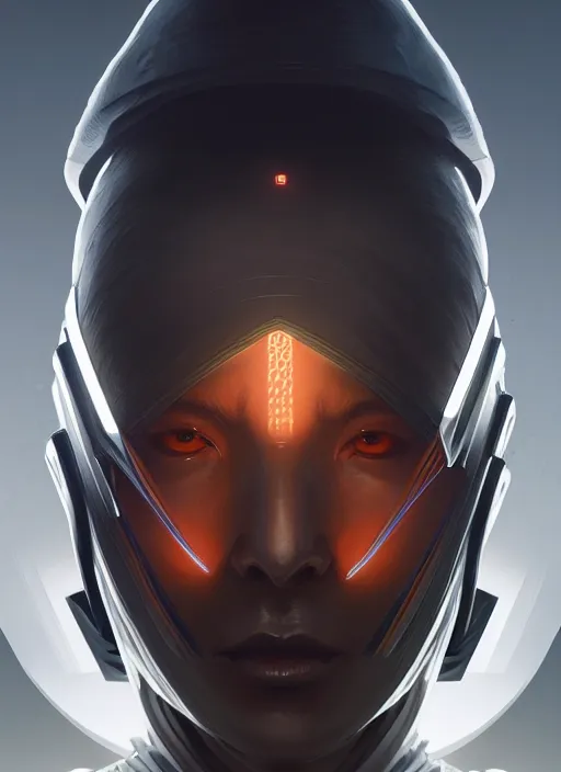 Image similar to symmetry!! portrait of futuristic samurai, sci - fi, tech wear, intricate, elegant, highly detailed, digital painting, artstation, cinematic lighting, concept art, smooth, sharp focus, illustration, art by artgerm and greg rutkowski and alphonse mucha, 8 k