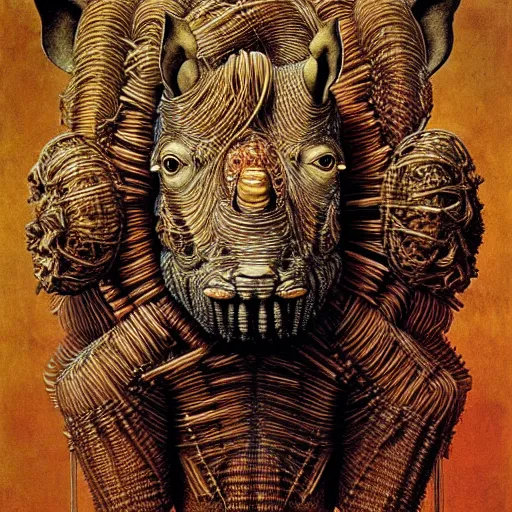 Prompt: half boy half rhino made of spaghetti, intricate armor made of spaghetti fractals, by giuseppe arcimboldo and ambrosius benson, renaissance, intricate and wet oil paint, a touch of beksinski, realistic