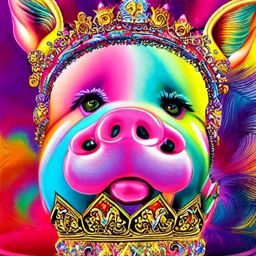 Image similar to lisa frank flexing pig wearing a gold crown painting by android jones