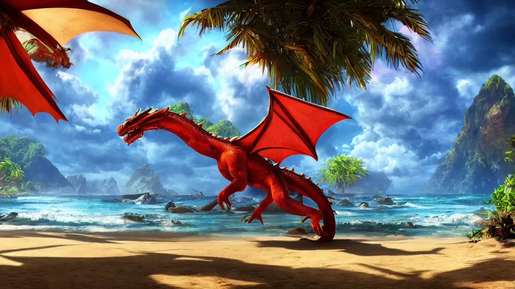 Image similar to dragon on a tropical beach, fantasy artwork, beautiful scenery, hdr, unreal engine 5, cinematic, 8k, ultra detailed, high resolution, artstation, IMAX