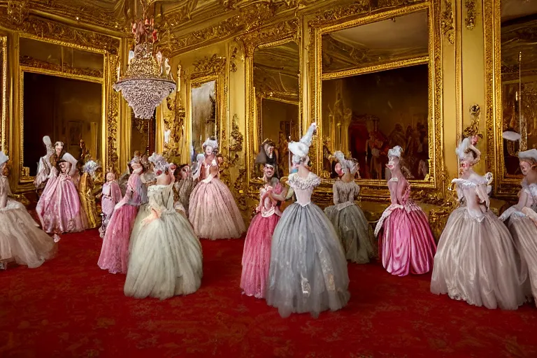 Prompt: in the versailles hall of mirrors, queen marie - antoinette dances in the foreground with her ladies - in - waiting at a masked ball. all high ladies are dressed in colourful, opulent robes embroidered with glittering sequins. the hall of mirrors features ornate crystal chandeliers with glowing candles and golden ornaments. photorealism red velvet curtains on the windows with night lights outside