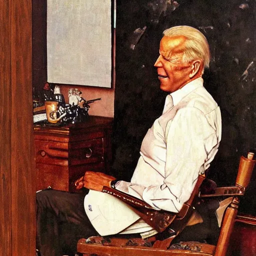 Prompt: a portrait painting by Norman Rockwell of Joe Biden sitting in a chair. Cozy fire. two Legs apart
