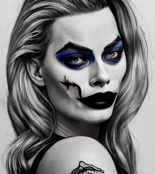 Image similar to tattoo design sketch of beautiful margot robbie portrait with joker makeup, in the style of den yakovlev, realistic face, black and white, realism tattoo, hyper realistic, highly detailed