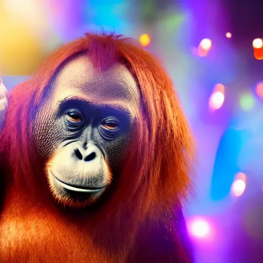 Prompt: A photo of an orangutan drinking beer with Michael Gove at the club, disco lights, bokeh, hyperdetailed