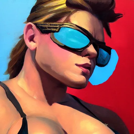 Prompt: greg manchess portrait of thick muscular weightlifter zarya from overwatch with ponytail and blond hair wearing sunglasses, medium shot, asymmetrical, profile picture, organic painting, sunny day, matte painting, bold shapes, hard edges, street art, trending on artstation, by huang guangjian and gil elvgren and sachin teng