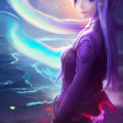 Prompt: rimuru tempest from tensura holding purple fire in her palm, overlooking piltover, straight hair, sky blue hair, long bangs, award winning photography, cinematic, digital painting, cinematic, wlop, 8 k, by ross tran, tom bagshaw