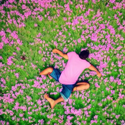 Prompt: aerial view photo of a guy laying in a field of flowers looking at the camera, pastel faded effect, synthwave colors, 8K