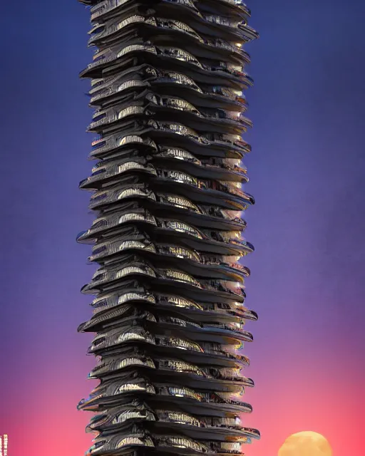 Prompt: a beautiful hyperdetailed highly detailed urbex industrial architecture tower nature building unfinished building by zaha hadid, retro sunset retrowave darkacademia at fall hyperrealism cgsociety tokyo at night thermal vision, archdaily, wallpaper, highly detailed, trending on artstation.