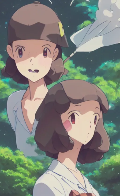 Prompt: a pokemon go card from 1 9 5 0, illustration, insect trainer girl, clear sky background, lush landscape, concept art, anime key visual, trending pixiv fanbox, by wlop and greg rutkowski and makoto shinkai and studio ghibli and kyoto animation, symmetrical facial features, short hair, hair down