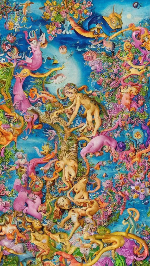 Image similar to an incredibly detailed masterpiece collaborative painting by bosch and lisa frank, ornate, detailed, high resolution, wow!, intricate