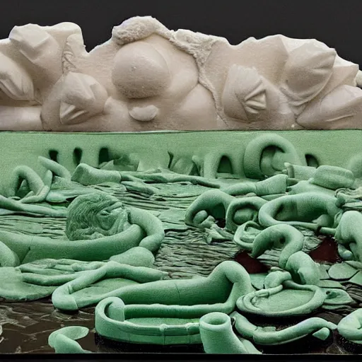 Prompt: lomography of mirtha legrand made of plasticine coming out of a swamp
