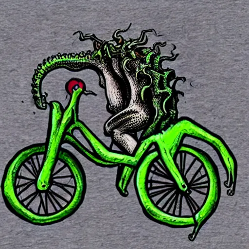 Image similar to cthulu riding a bicycle, realistic,
