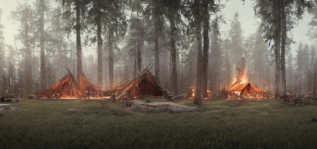 Prompt: longhouse, campfire, teepee, very detailed, octane render, realistic, 8 k, unreal engine 5, dramatic, volumetric, dead trees, dusk, greg rutkowski