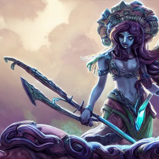 Prompt: torquoise fantasy armored medusa holding a spear, pillars background with ruined and statues, fantasy game art, fantasy rpg, league of legends