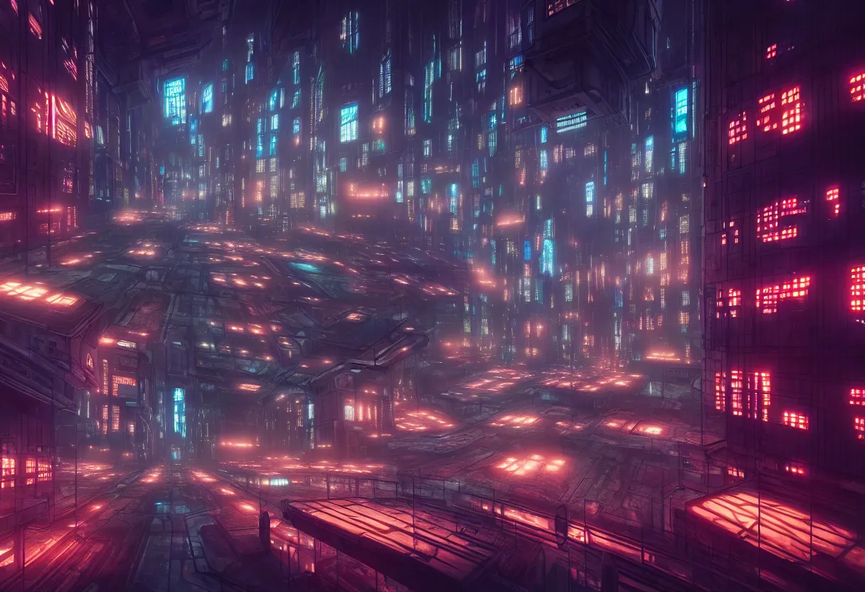 Image similar to inside of dystopian future cityscape with hundreds of illuminated windows and signs, of human mind and imagination, matte painting, beautiful render, octane render, concept art