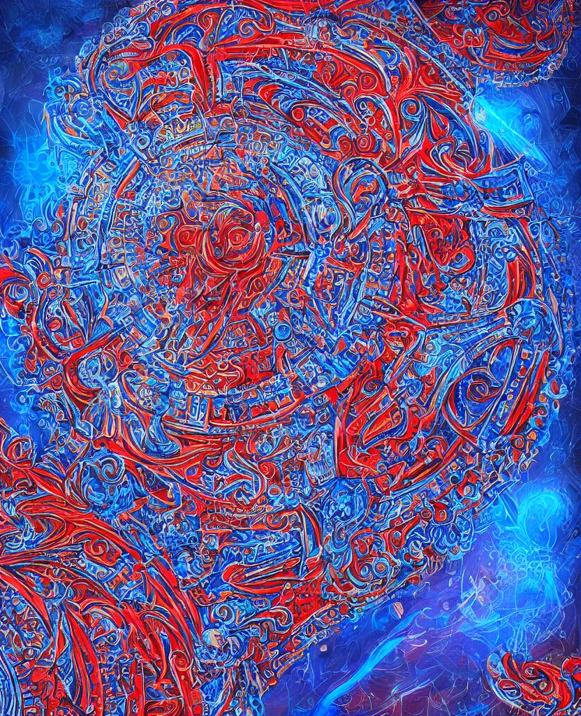 Image similar to structure of the oracle, blue colors with red accents, intricate and ornate, highly detailed fantasy digital painting