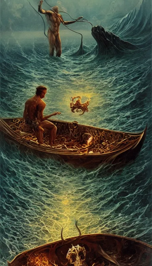 Prompt: man on boat crossing a body of water in hell with creatures in the water, sea of souls, by karol bak