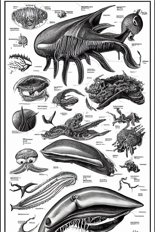 Image similar to anatomical encyclopedia illustration of a disturbing deep sea creature, photorealistic, diagram