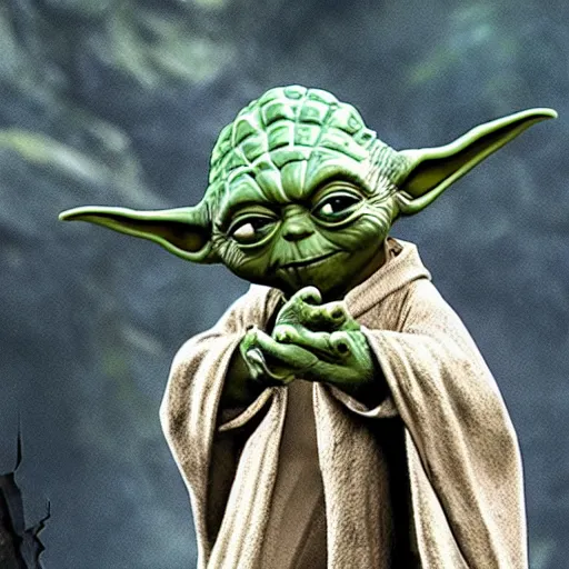 Prompt: Yoda in Lord of the Rings, highly detailed, high quality, HD, 4k, 8k, Canon 300mm, professional photographer, 40mp, lifelike, top-rated, award winning, realistic, sharp, no blur, edited, corrected, trending