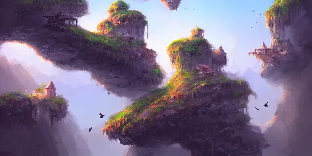 Image similar to peaceful village built on floating rocks in the sky, rope bridges, birds in background, high fantasy, detailed, digital painting, realistic, landscape by jonathan berube