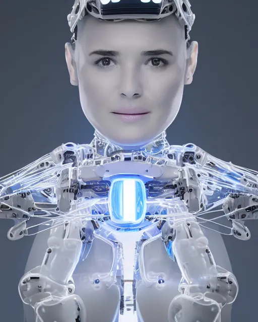 Prompt: portrait of blissed out young demi moore as a solarpunk mecha humanoid robotic parts with bright led lights, real human face, pudica pose gesture, by michelangelo, in white room, ultra - realistic and intricate, portrait shot 8 k