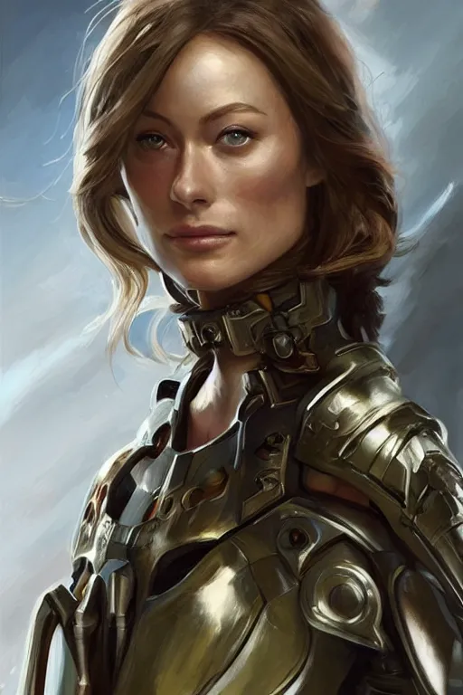 Image similar to a professional painting of a young Olivia Wilde, clothes in military armor, olive skin, long dark hair, beautiful bone structure, symmetrical facial features, intricate, elegant, digital painting, concept art, smooth, sharp focus, illustration, from StarCraft by Ruan Jia and Mandy Jurgens and Artgerm and William-Adolphe Bouguerea