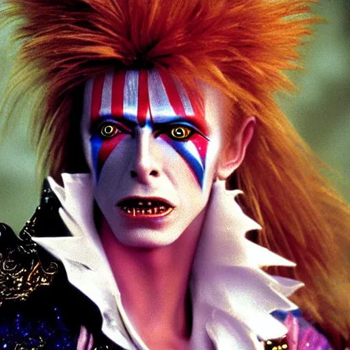 Image similar to david bowie as jareth the goblin king, character art