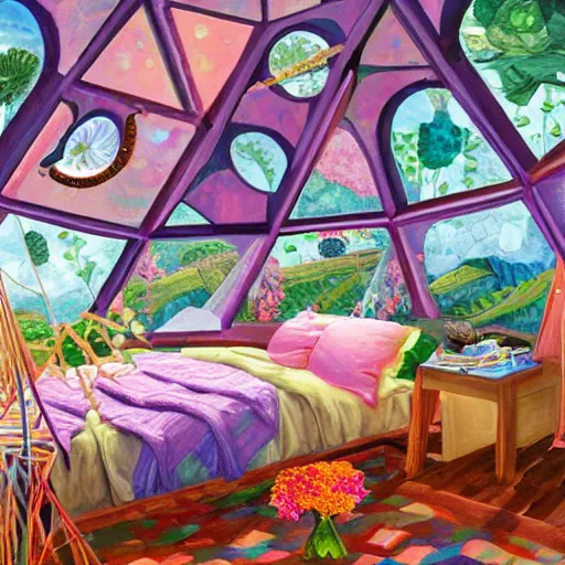 Prompt: interior of cozy queer geodesic dome bedroom with flowers, iridescent windows, hyperrealistic fine art gouache painting