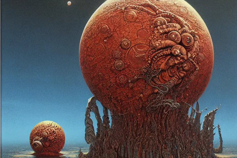 Prompt: oil painting, super - detailed scene of a creature the size of a planet, japanese sci - fi books art, artwork by jean giraud and zdzislaw beksinski and michael whelan and hr giger, hd, 4 k, high quality