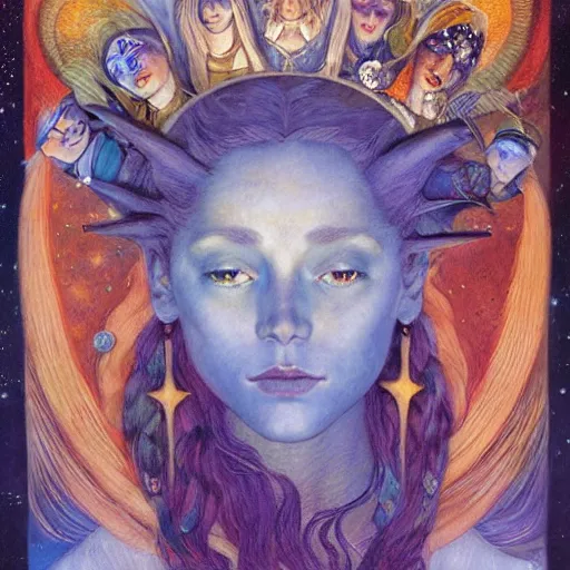 Image similar to queen of the moon with stars in her hair, by annie swynnerton and donato giancola and diego rivera and nicholas roerich and jean delville and charlie bowater and dulac, dramatic lighting, god rays, geometric tattoos, rich colors, smooth sharp focus, extremely detailed, leo and diane dillon, adolf wolfli