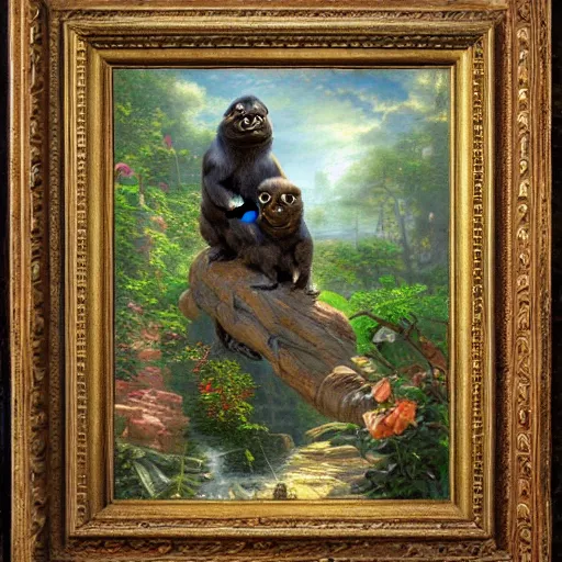 Image similar to pepe learning from apes, thomas kindkade, fantasy, intricate