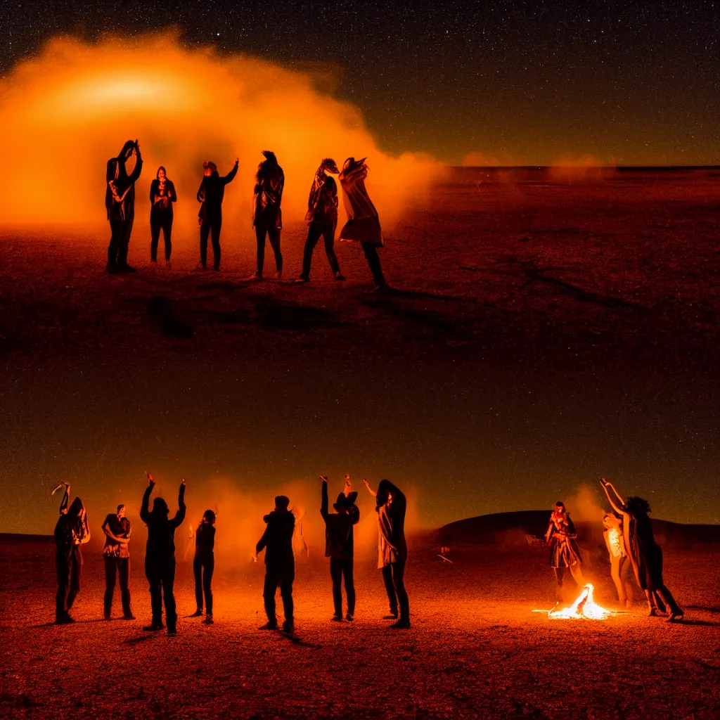 Image similar to atmospheric long exposure night photograph of three ravers, two men, one woman, woman is in a trenchcoat, blessing the soil at night, people facing fire circle, two aboriginal elders, dancefloor kismet, diverse costumes, clean composition, starlight bokeh, desert transition area, bonfire, atmospheric night, australian desert, symmetry, sony a 7 r