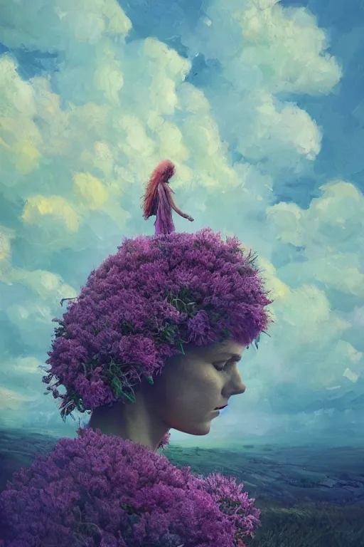 Image similar to closeup, huge flowers as head mohawk, woman in heather field, surreal photography, starlight, storm clouds, impressionist painting, digital painting, artstation, simon stalenhag