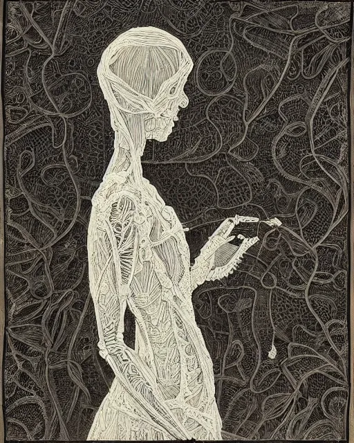 Image similar to a woman standing by the sea, made of intricate decorative lace leaf skeleton, in the style of the dutch masters and gregory crewdson, dark and moody