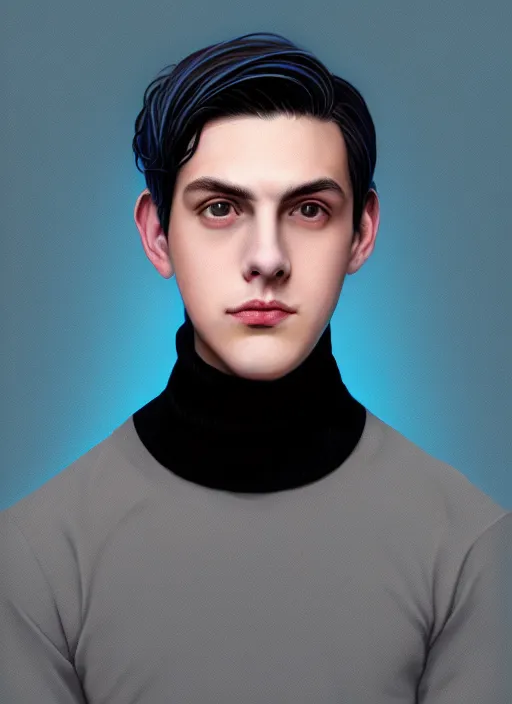 Image similar to portrait of teenage jughead jones wearing a light grey crown, crown, blue turtleneck, closed eyes, photorealistic, black hair, glowing lighting, intricate, elegant, glowing lights, highly detailed, digital painting, artstation, concept art, smooth, sharp focus, illustration, art by wlop, mars ravelo and greg rutkowski