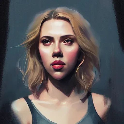 Image similar to “ portrait of scarlett johansson by greg rutkowski, young, attractive, highly detailed portrait, scifi, digital painting, artstation, concept art, smooth, sharp foccus ilustration, artstation hq ”