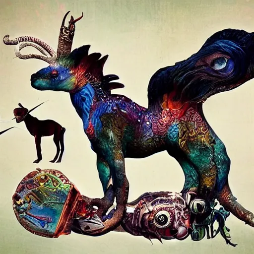 Prompt: strange mythical beasts of whimsy, surreal dark uncanny mixed media colllage by Ronny Khalil