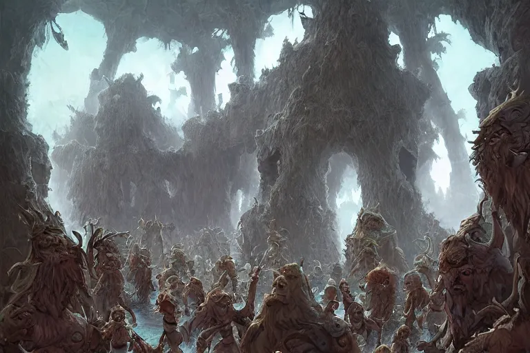 Image similar to point perspective dungeon irradiated fantasy dungeon The troll herald Shiah and their mangy crowd of mummys are hiding on the thick delta.,by artgerm and Craig Mullins, James Jean, Andrey Ryabovichev, Mark Simonetti and Peter Morbacher 16k