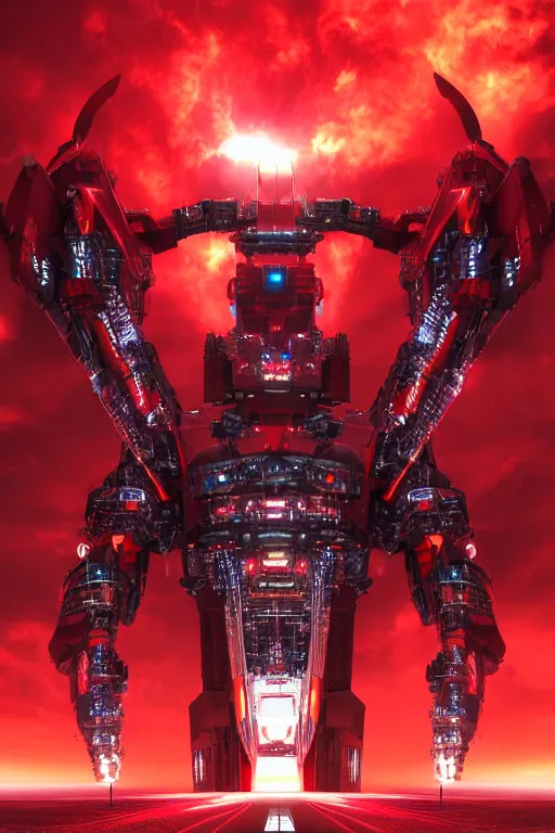 Image similar to giant imposing complex machine merged with evil cybernetic goat head at helm, cyberpunk, red hues