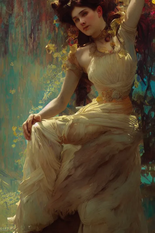 Prompt: an intricate artistic pose painting of a beautiful young victorian lady with an artistic pose, hyper detailed, octane render, vivid colors, artstation, by jeremy mann, by alphonse mucha, by boris vallejo