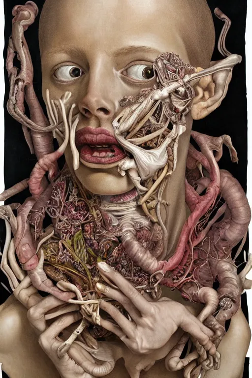 Image similar to Detailed maximalist portrait of a greek god with large lips and eyes, scared expression, botanical anatomy, skeletal with extra fleshy limbs, HD mixed media, 3D collage, highly detailed and intricate, surreal illustration in the style of Jenny Saville, dark art, baroque, centred in image