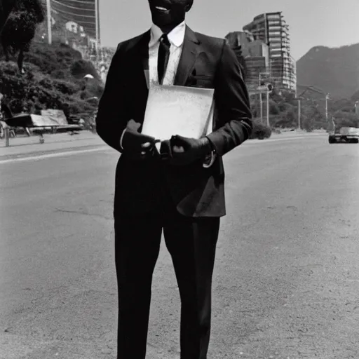 Image similar to vintage photo of a black man wearing a black suit in rio de janeiro