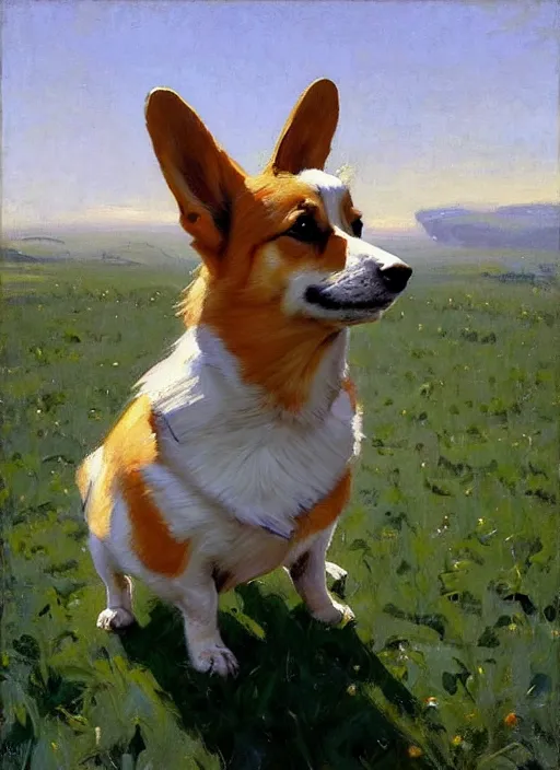 Image similar to Greg Manchess painting of an anthropomorphic Corgi, countryside, calm, fantasy character portrait, dynamic pose, above view, sunny day, artwork by Jeremy Lipkin and Giuseppe Dangelico Pino and Michael Garmash and Rob Rey, very coherent asymmetrical artwork, sharp edges, perfect face, simple form, 100mm